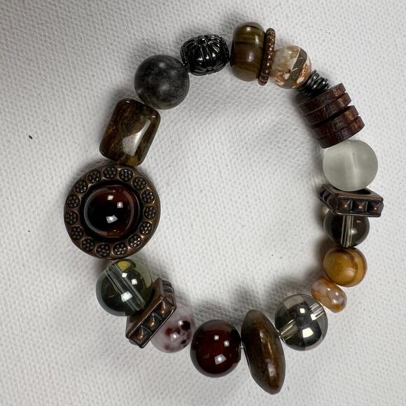 Handmade Beaded Bracelet Trio Tribal Browns Earth Tones Mixed Materials - Picture 3 of 9